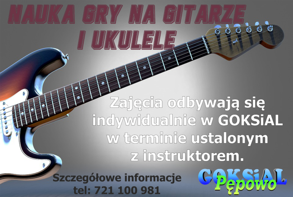 Plakat z połówką gitary promujący naukę gry na gitarze i na ukulele