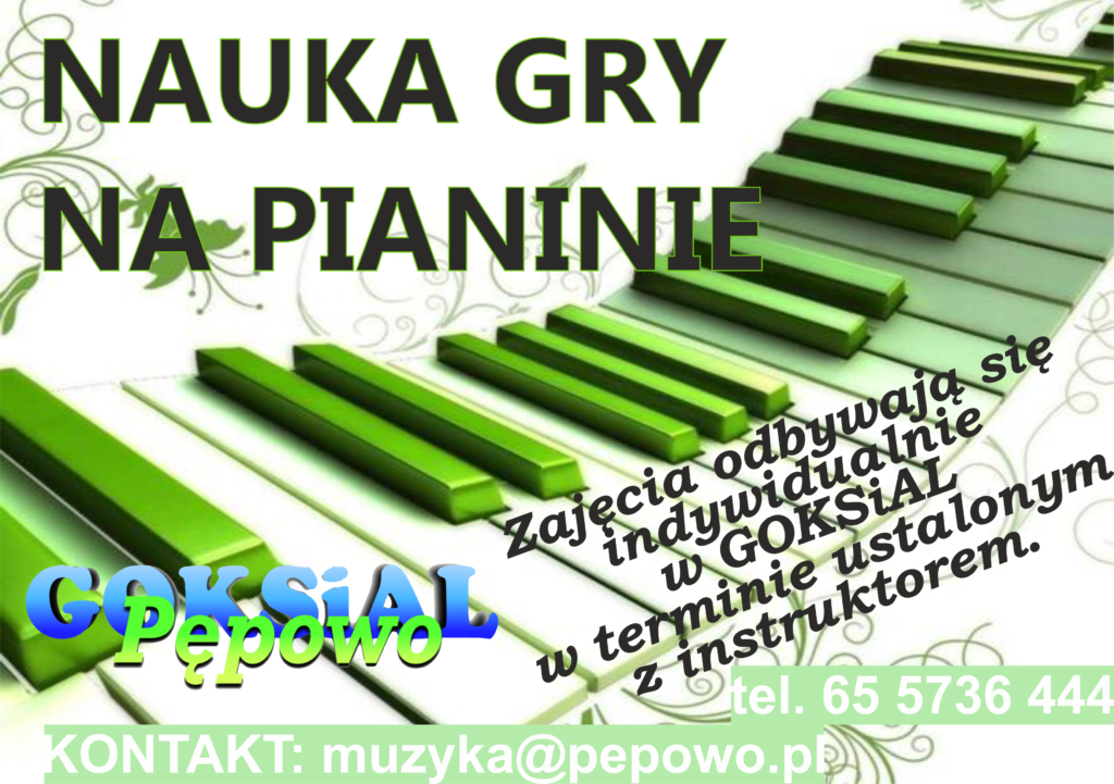 Plakat promujący naukę gry na pianinie z zielonymi klawiszami