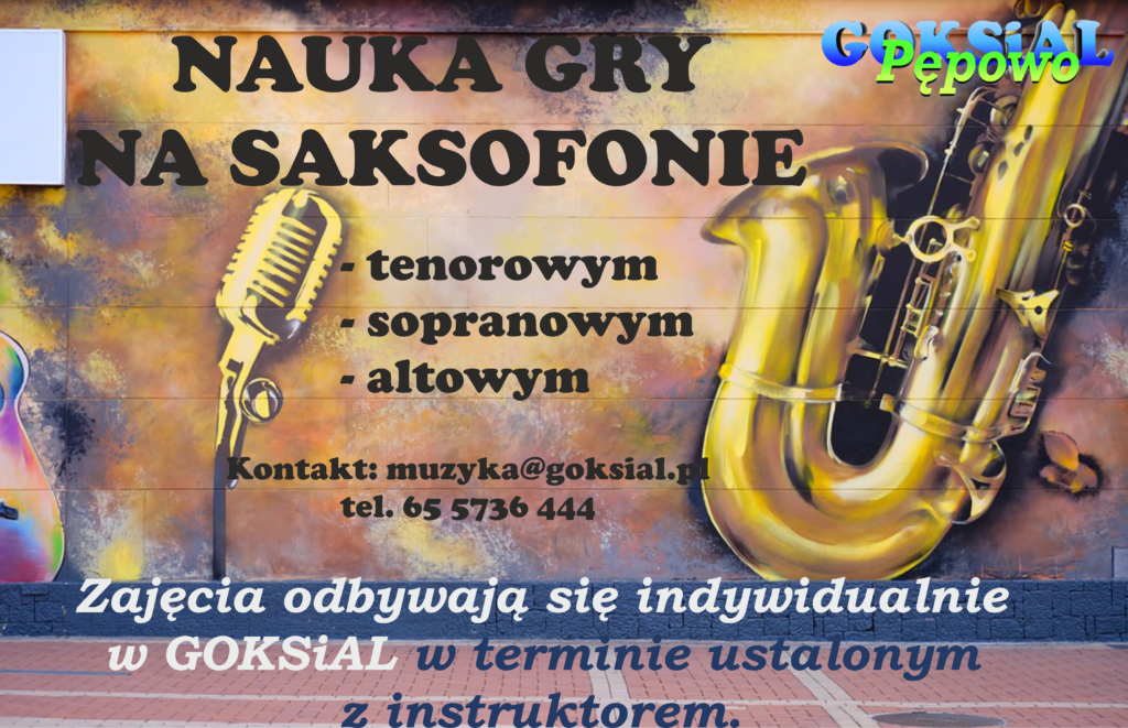 Plakat promujący naukę gry na saksofonie, w tle złoty mikrofon i żółty saksofon