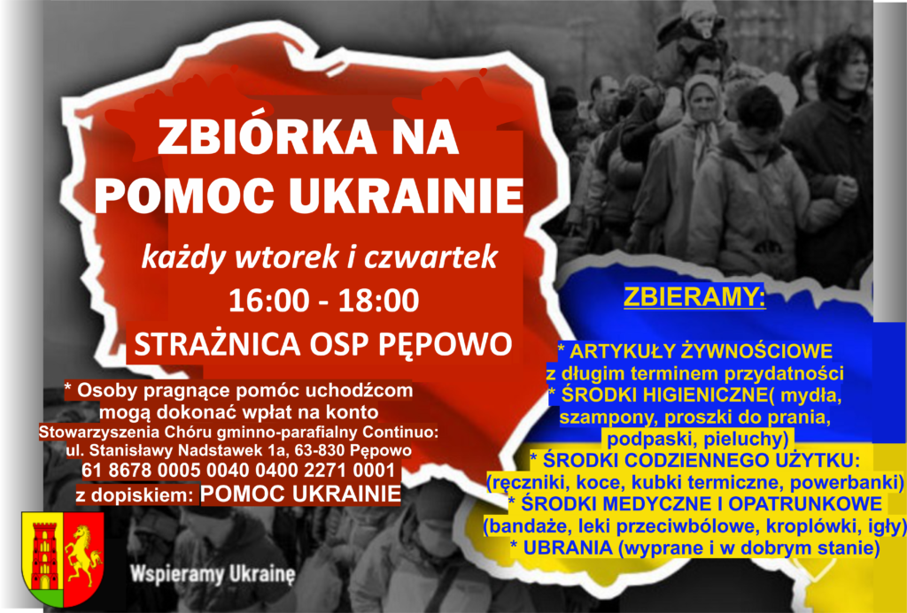 plakat zbiórka pomoc Ukrainie Polska kontury i Ukraina kontury migrujący ludzie w tle