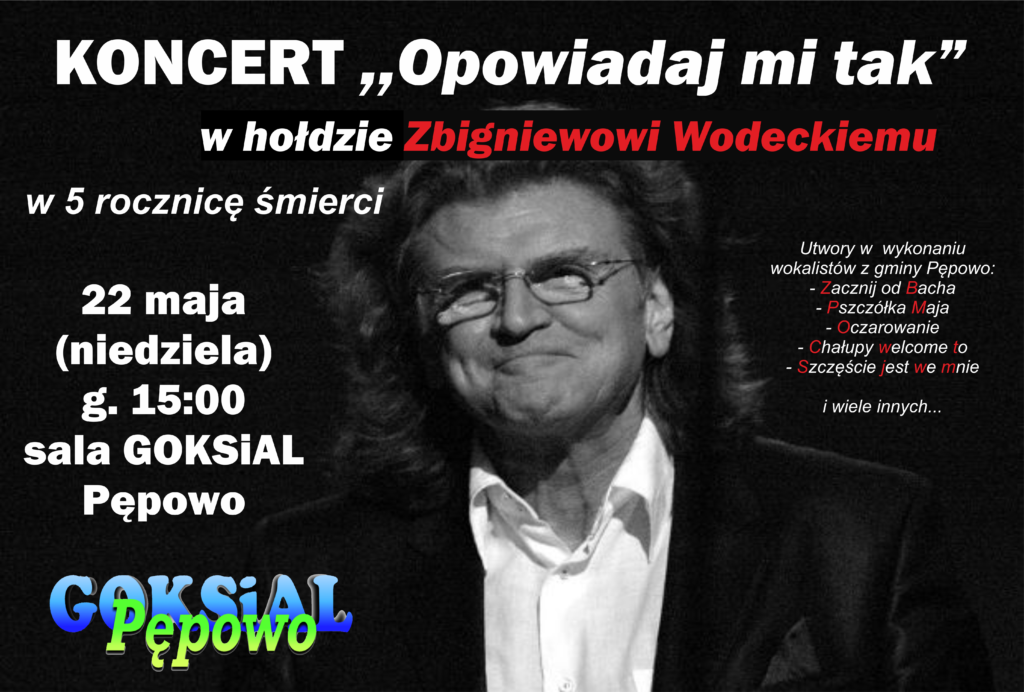 plakat czarno-biały ze zdjęciem Zadowolonego Zbigniewa Wodeckiego - mężczyzny w długich kręconych włosach i prostokątnych okularach