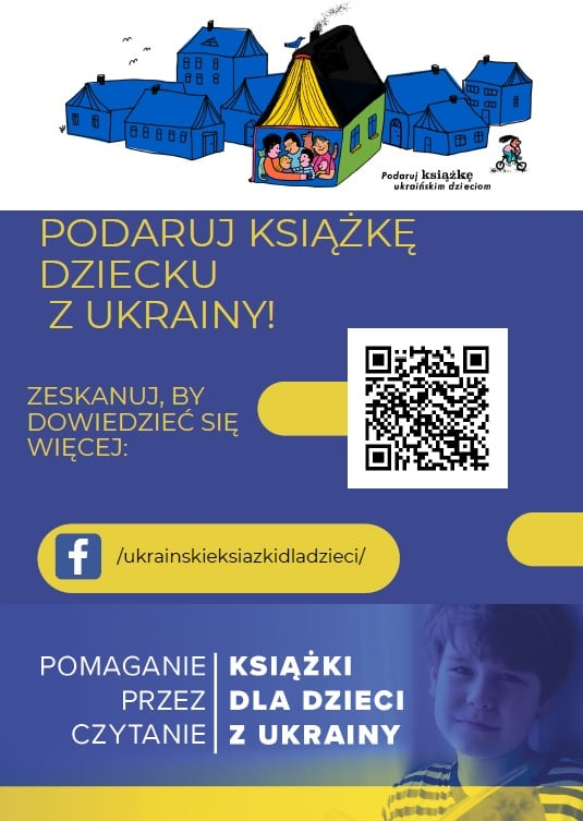 plakat biało-niebiesko-żółty ,,Podaruj książkę dziecku z Ukrainy"