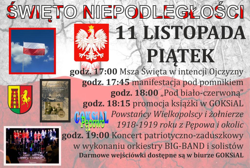 plakat zapraszający na Święto Niepodległości: godło, maszt, książka, wokaliści