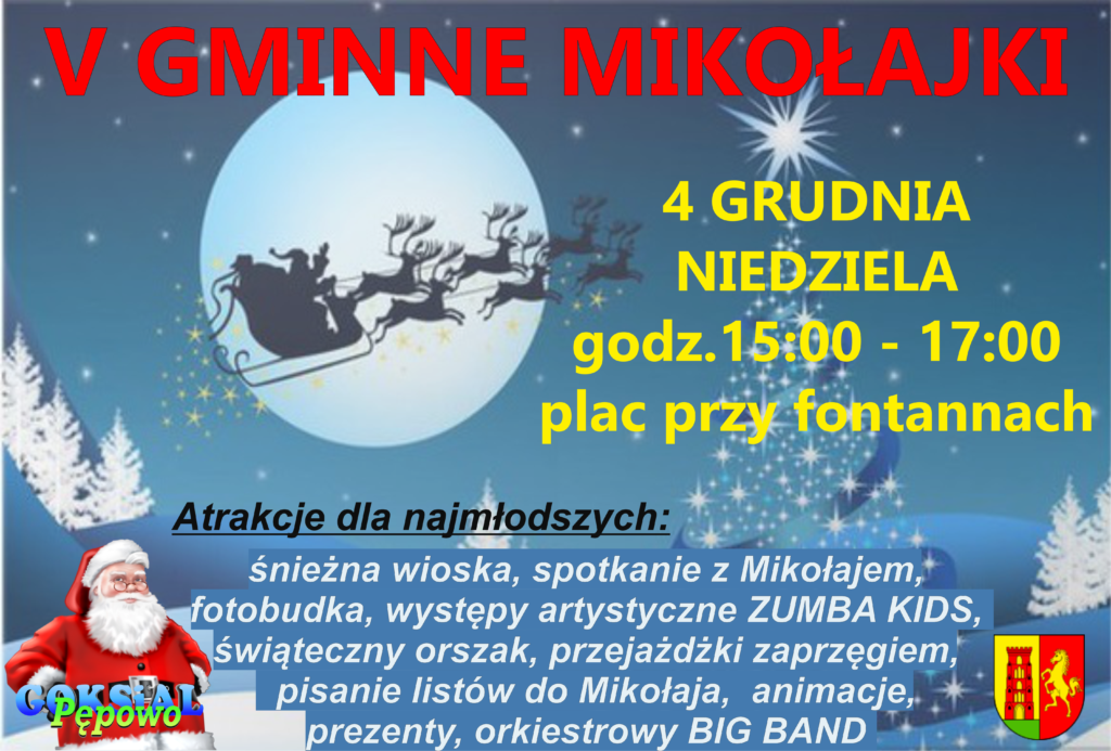 V gminne mikołajki - plakat promujący wydarzenie na błękitnym tle jasnoniebieski księżyc, w lewym dolnym rogu Mikołaj
