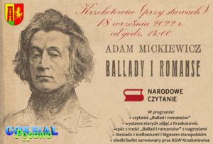 plakat z postacią Adama Mickiewicza w tle