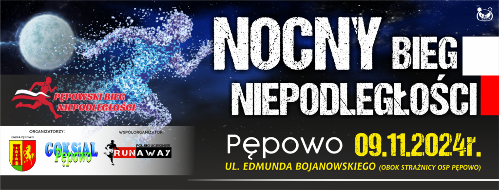 plakat informujący o Nocnym Biegu Niepodległości - rozsypany biegacz