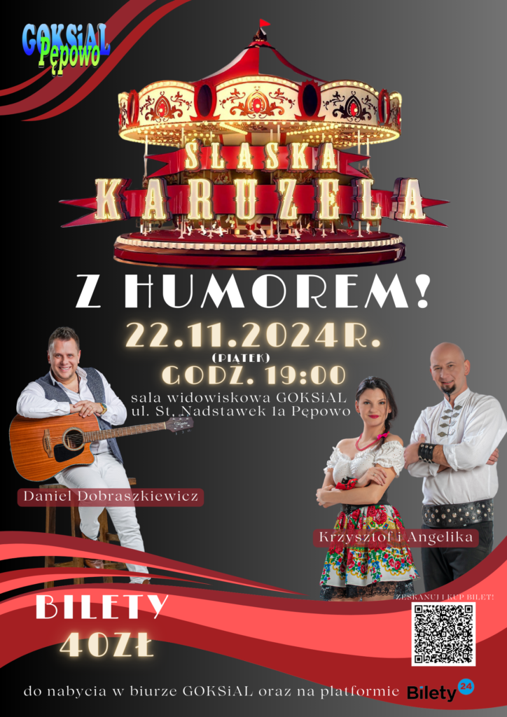 plakat z karuzelą, mężczyzną z gitarą i parą w góralskich strojach promujący koncert biesiady śląskiej