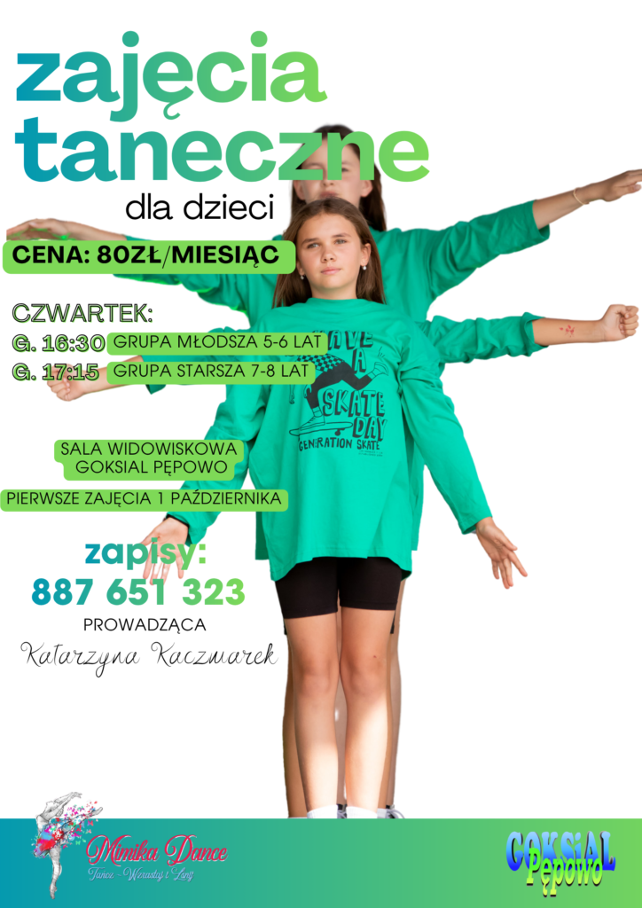 Plakat informujący o zajęciach tanecznych dla dzieci.