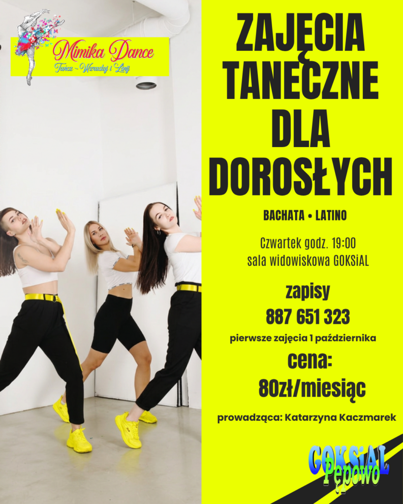 Plakat informujący o zajęciach tanecznych dla dorosłych.
